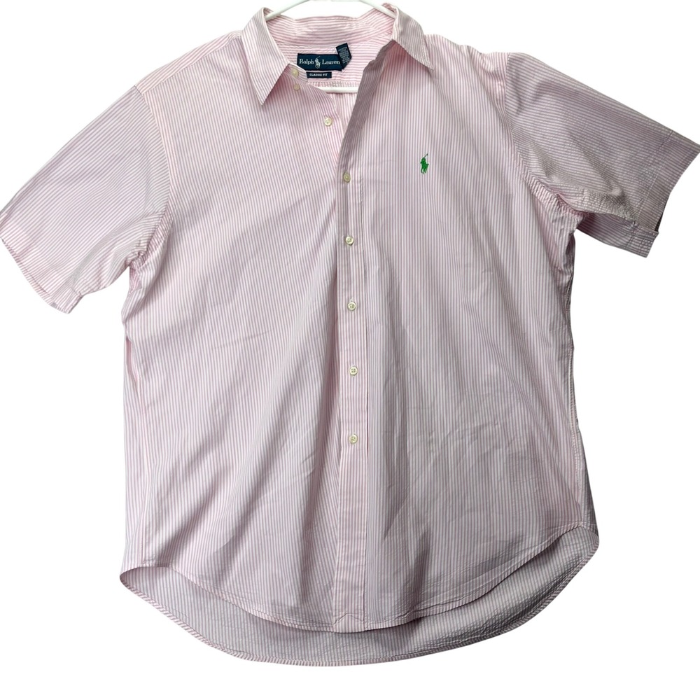 Ralph Lauren Shirt XL Pink White Stripe Cotton Seersucker Classic Fit Mens SS
